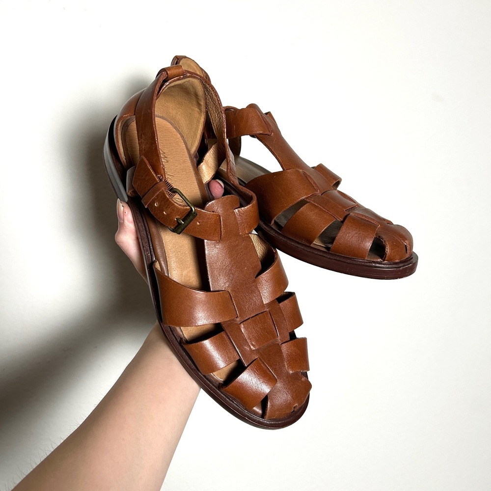 Madewell Brown Leather Woven Fisherman Caged Buckle Flat Sandals Womens Size 7.5